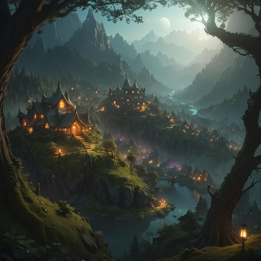 Glowing Elven Village in Fantasy Forest