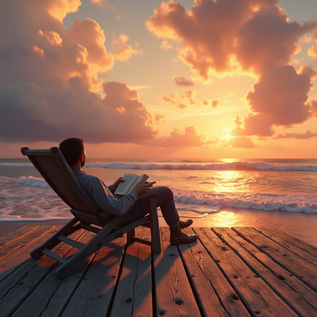 Man in Trancelike State, Surrounded by Ethereal Sunset