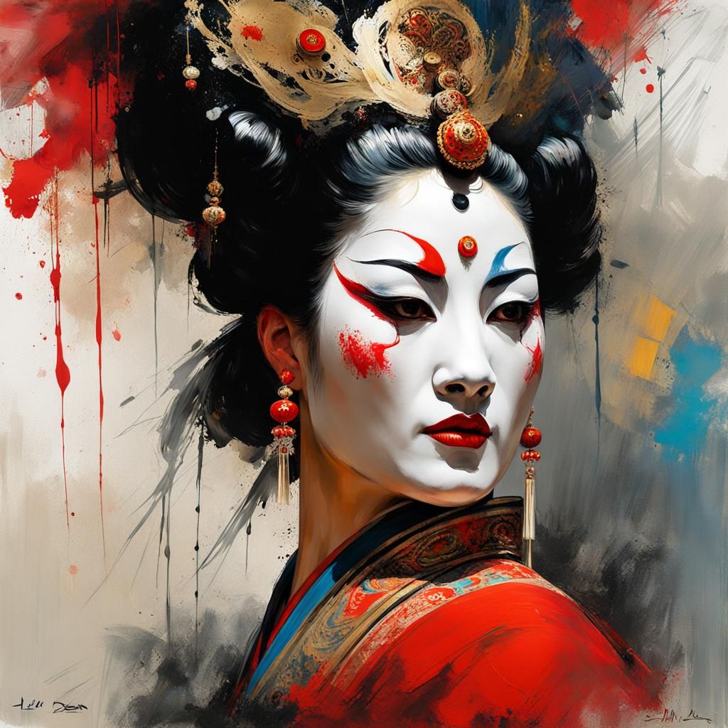Sinister Chinese Opera Dancer Portrait with Brush Strokes
