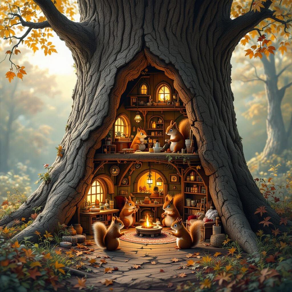 Squirrel World Inside a Tree, Detailed Fantasy Art