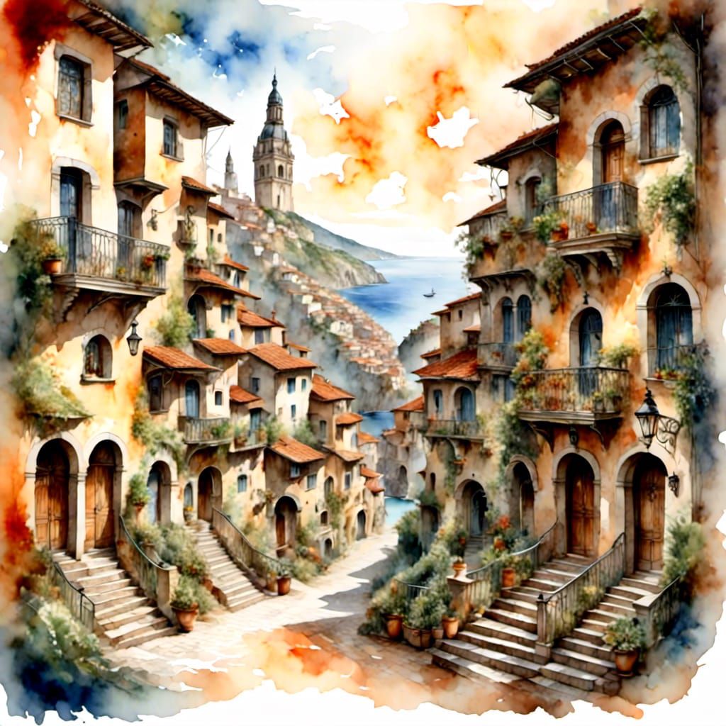 Coastal Town with Terracotta Rooftops in Dreamy Style