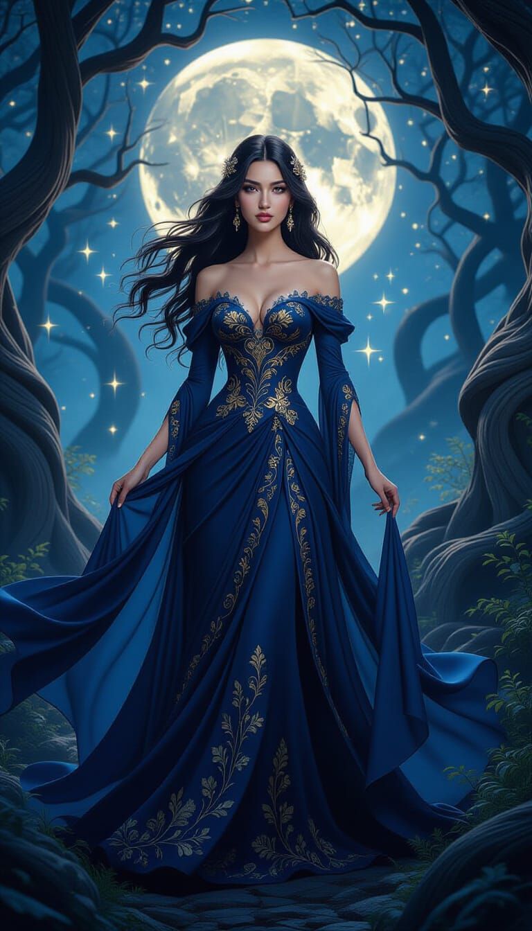 Enchanted Woman in Moonlit Forest Fantasy Art