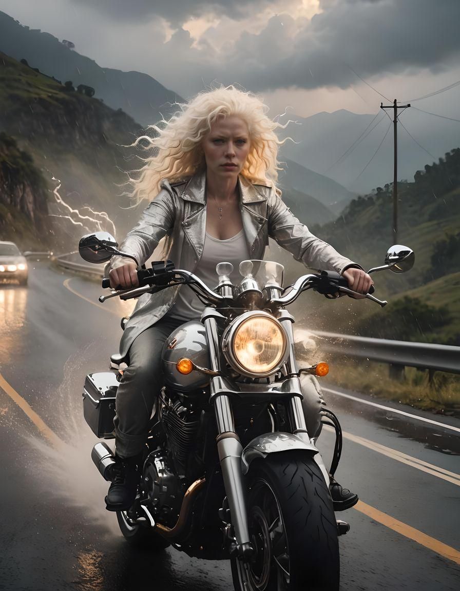 Albino Woman on Chrome Motorcycle in Rainstorm