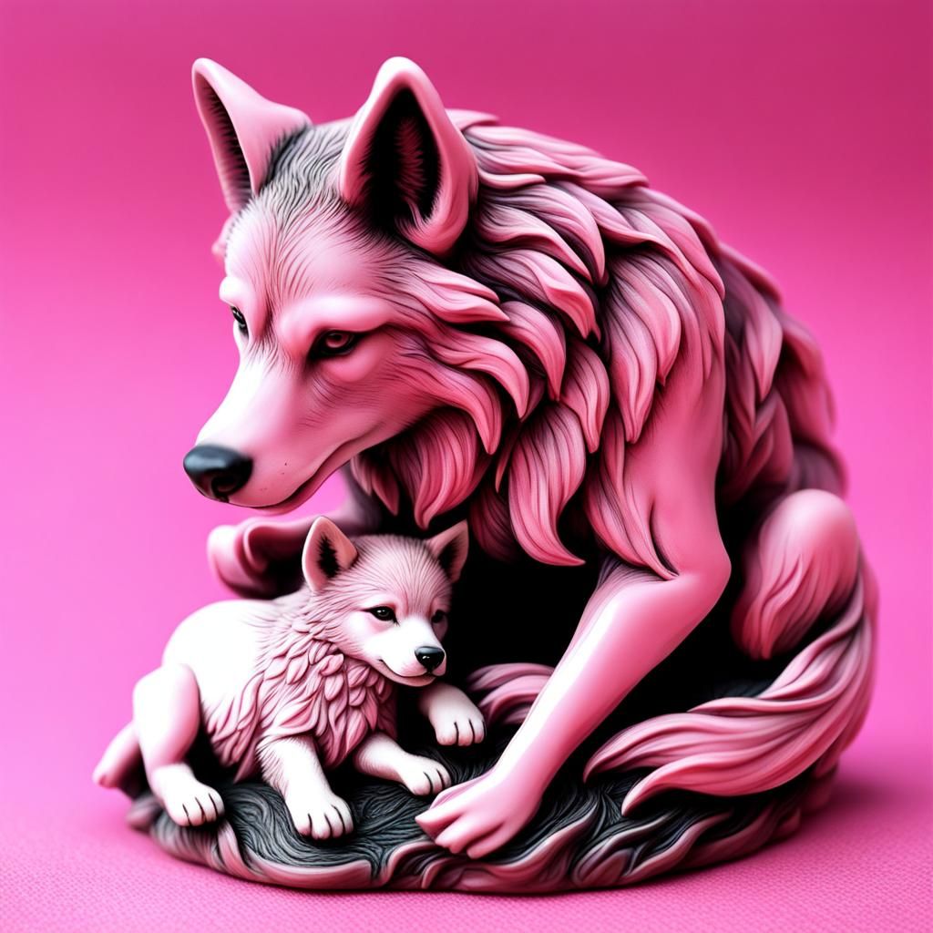 Pink Wolf Pup and Mother's Love Sculpture