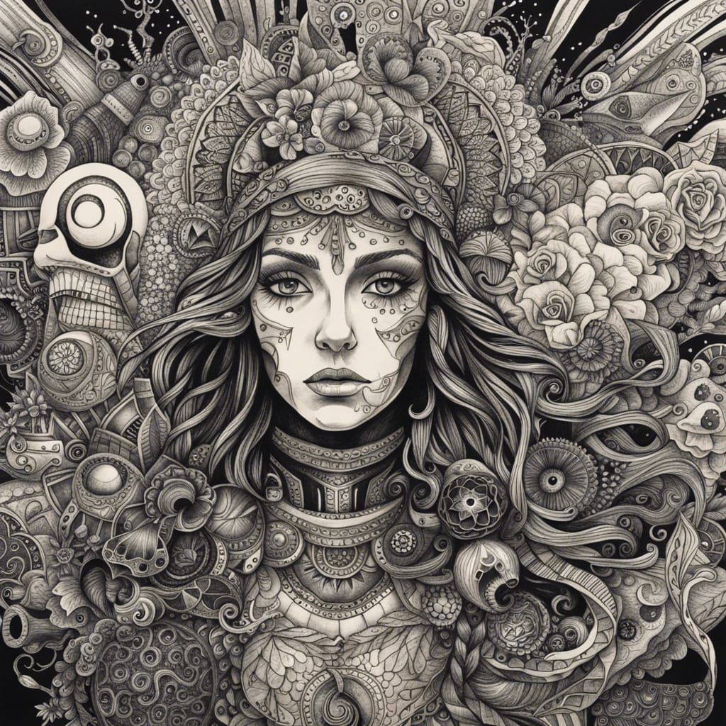 Intricate Black Ink Drawing of a Spirit