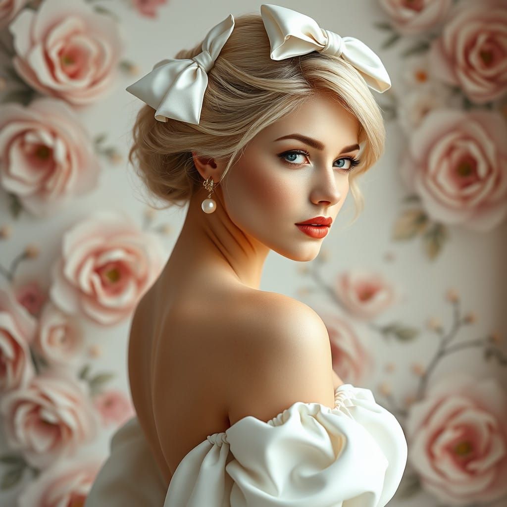 Elegant Blonde Woman in Vintage Attire with Soft Pastel Colo...