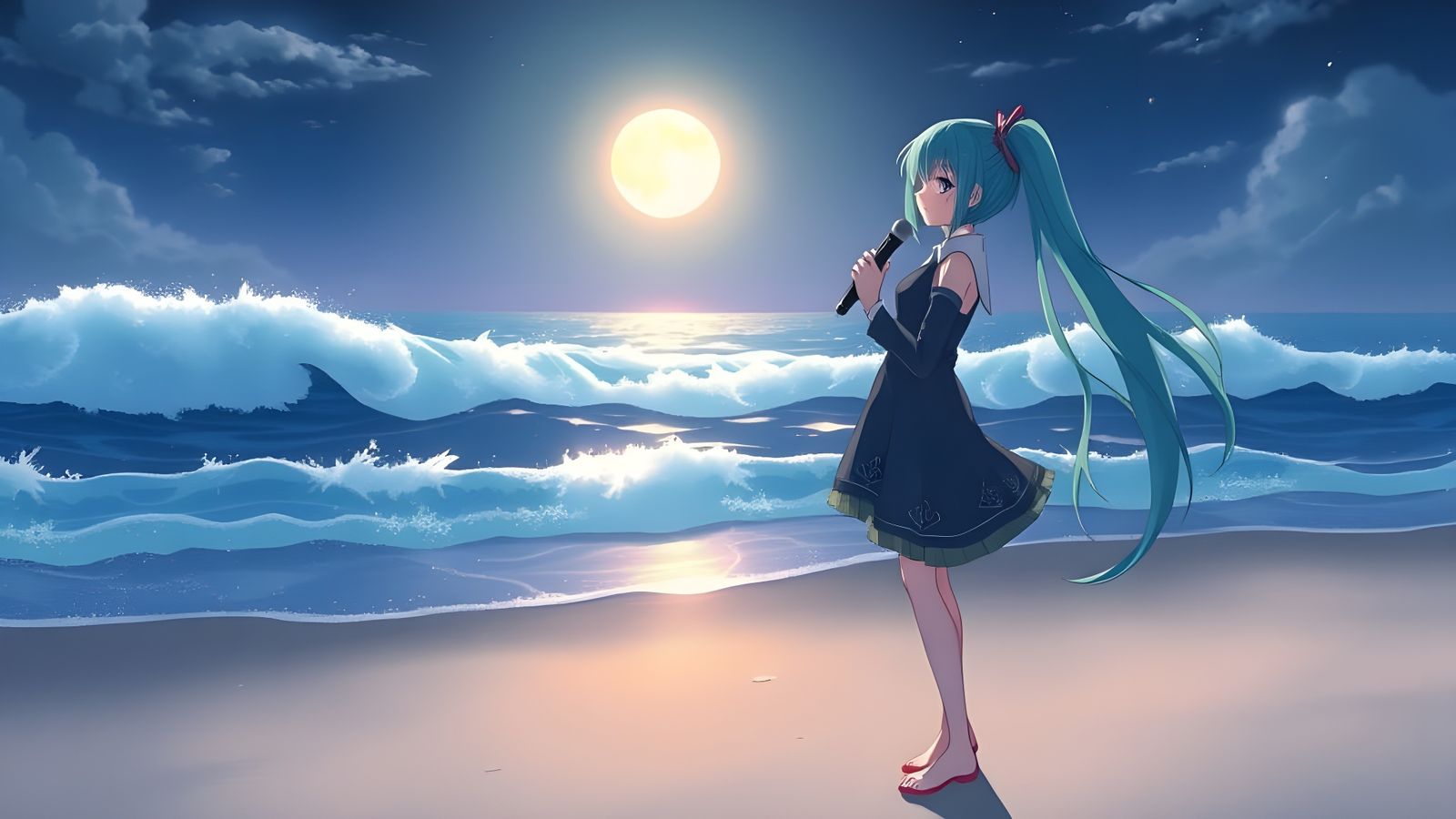 Hatsune Miku Sings on Moonlit Beach in Anime Style