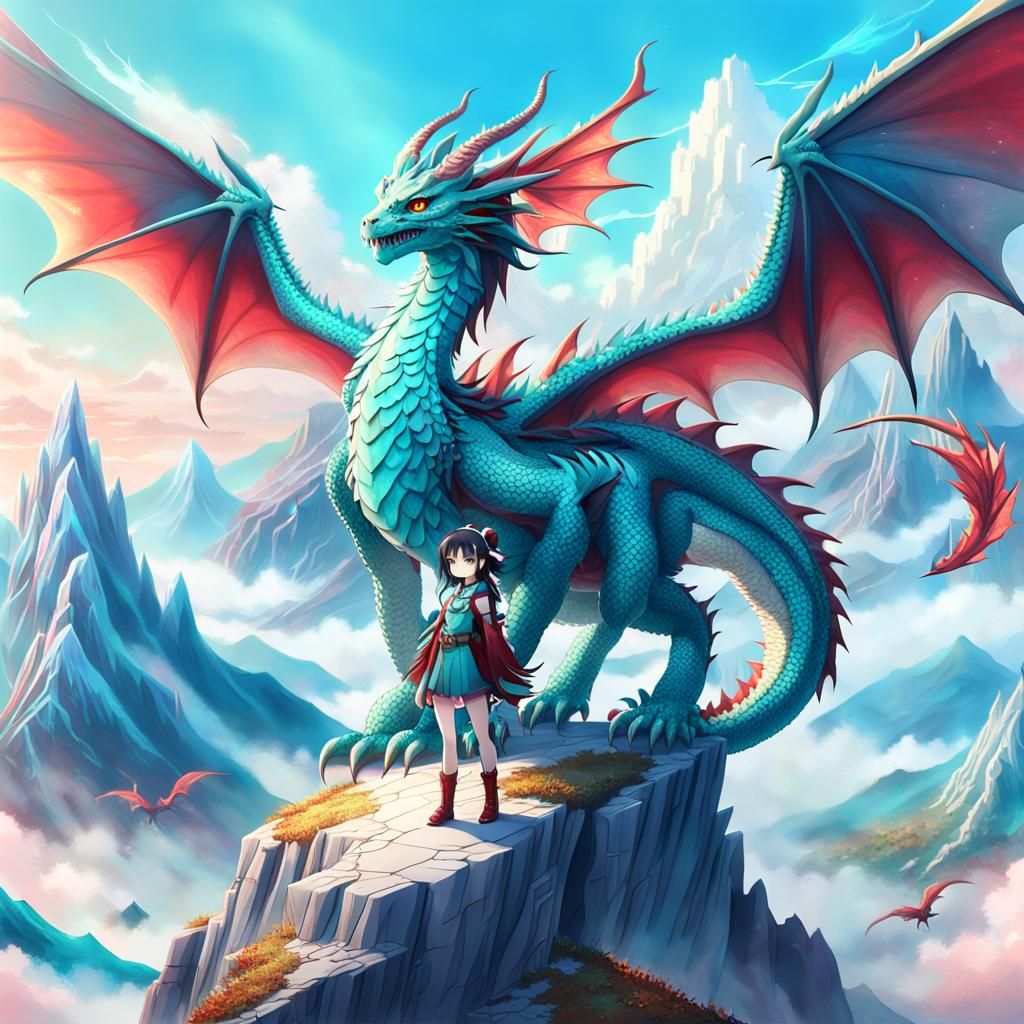 Dragon Anime Girl on Misty Peak, Fantasy Art