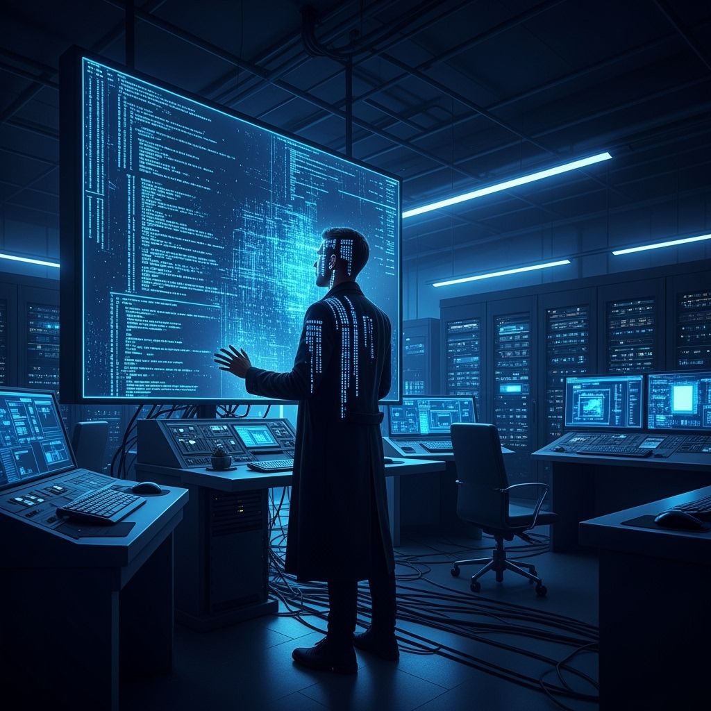 Figure Silhouetted Against Colossal Monitor in Futuristic St...