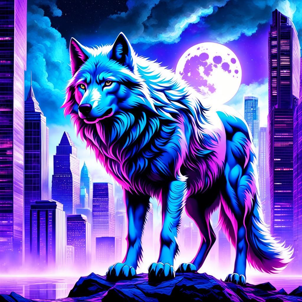 Majestic Wolf Under Moonlit Sky, Dark Fantasy Artwork