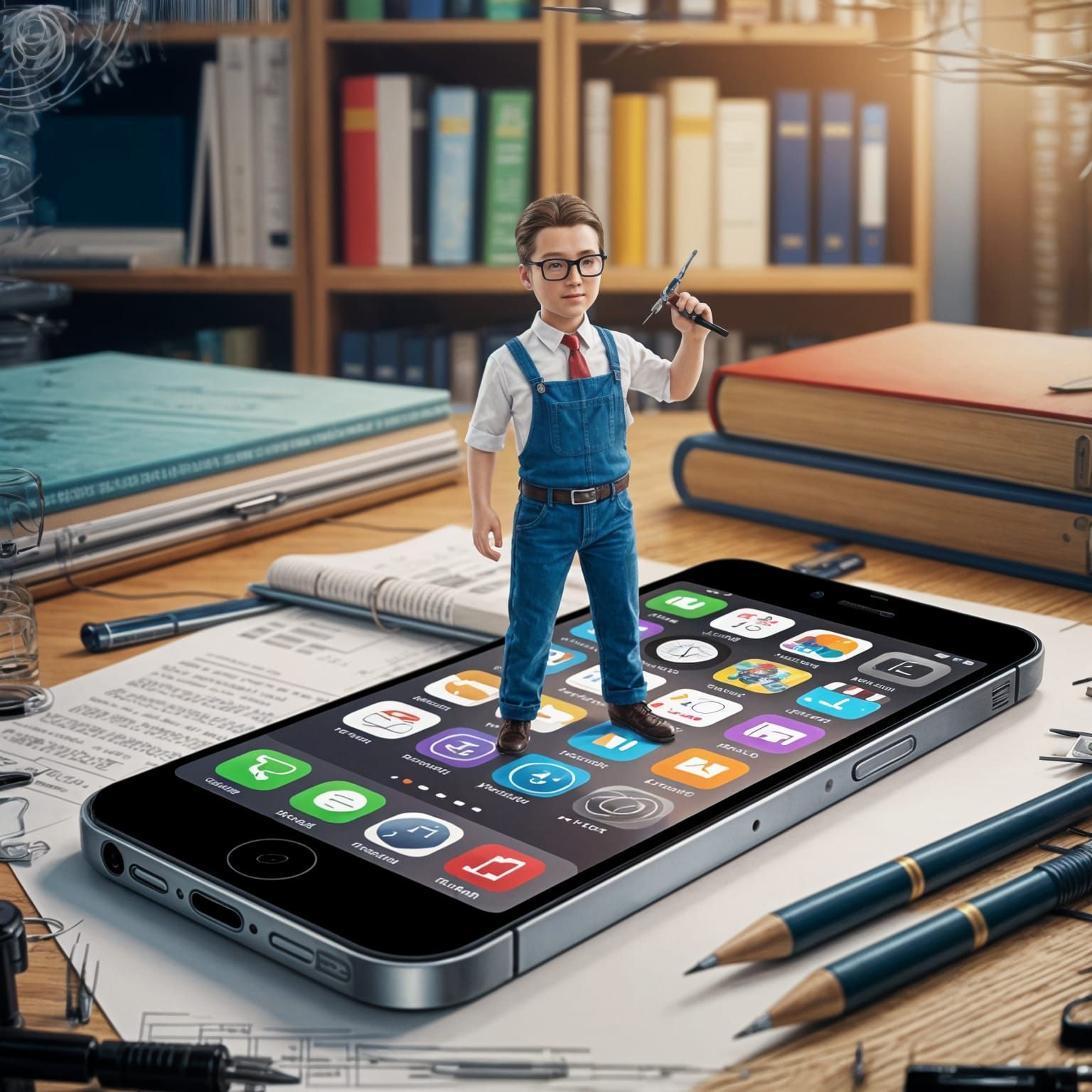 Miniature Technician Repairs Smartphone: Surreal Digital Art