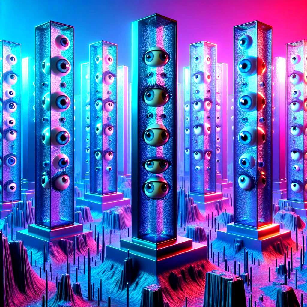 Surreal Glass Sculptures with Eyes in Neon Landscape