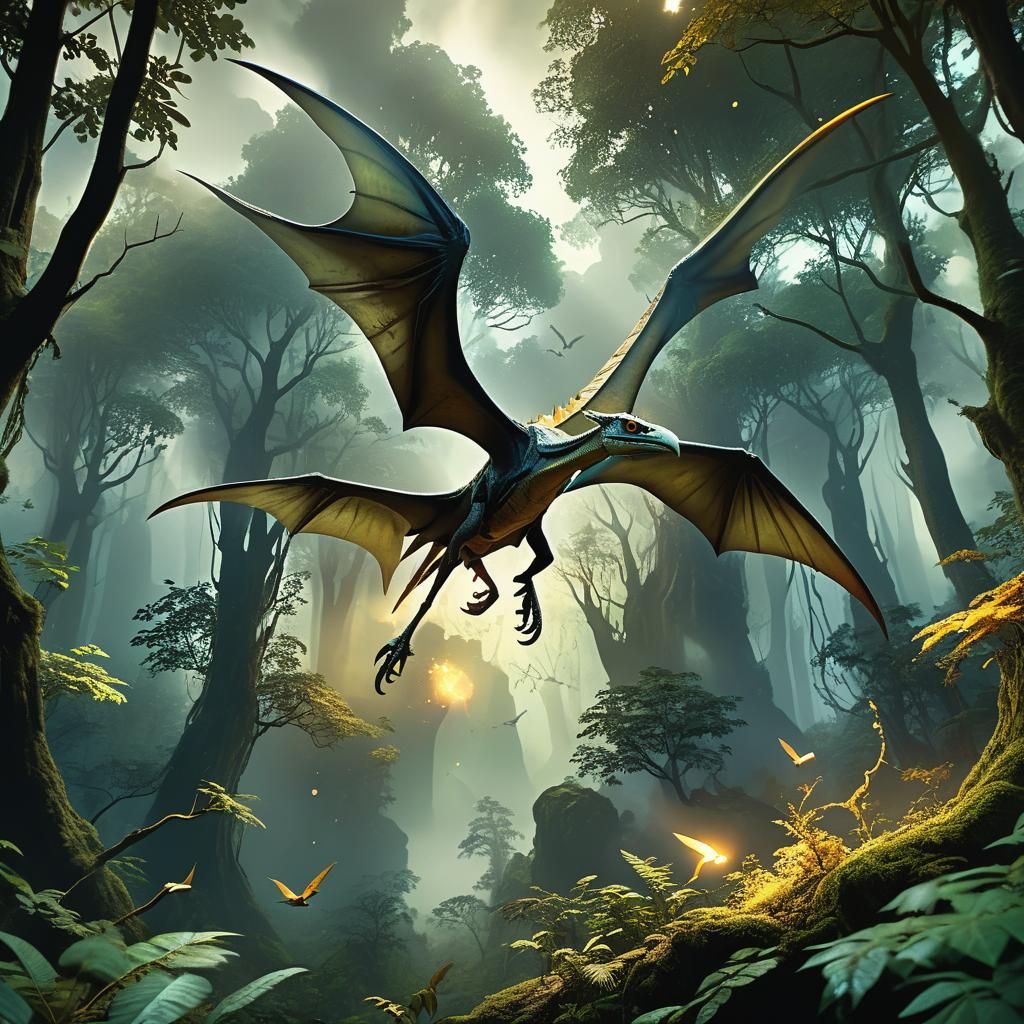 Pterodactyl Soaring Through Mystical Forest: Digital Art