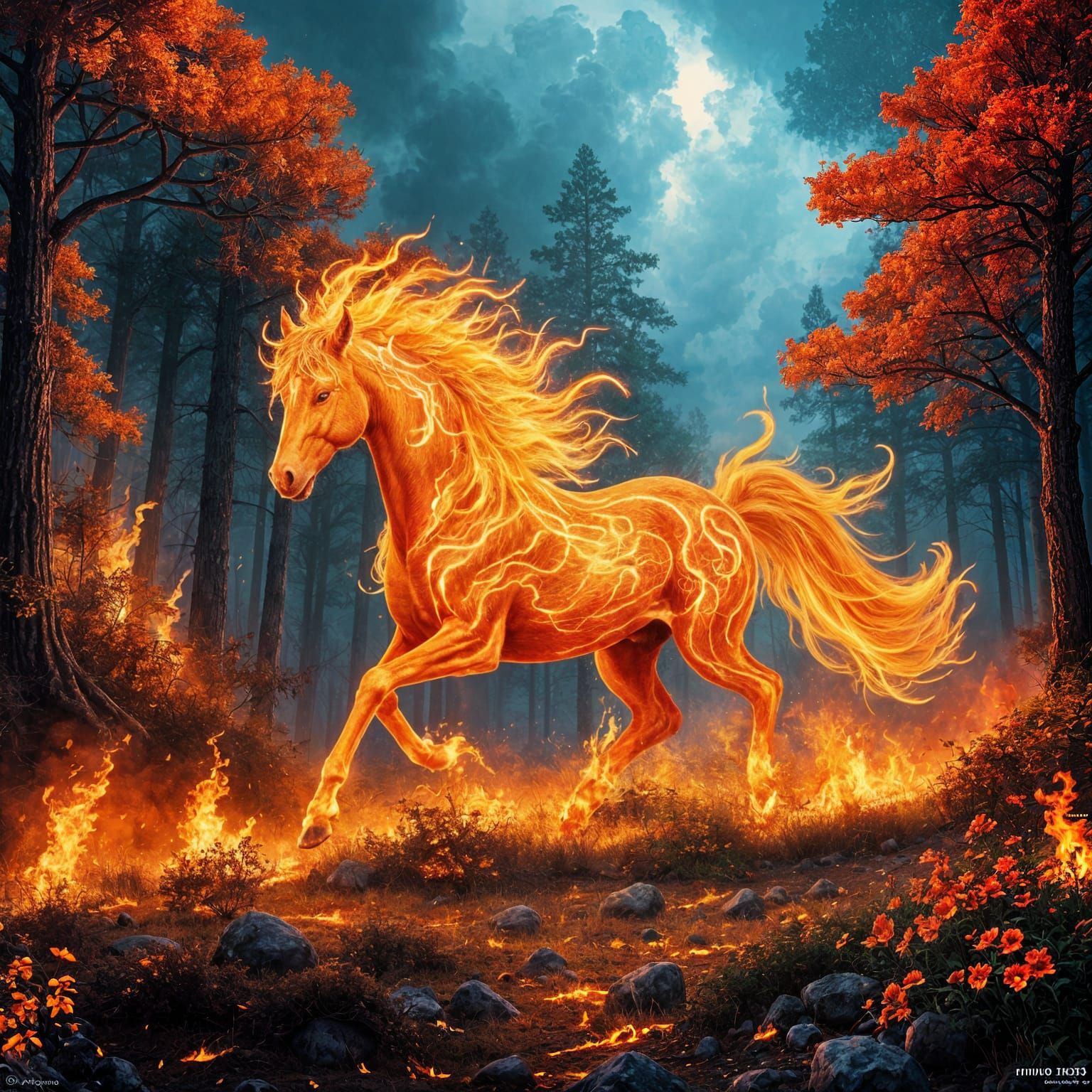 Fiery Horse Galloping Through Burning Forest