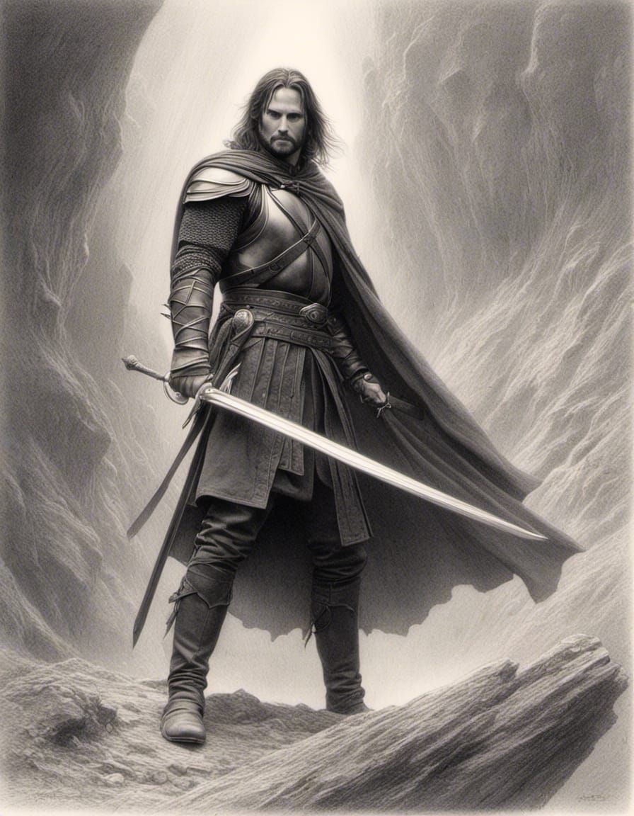Aragorn Lifts Sword in Graphite Pencil Drawing