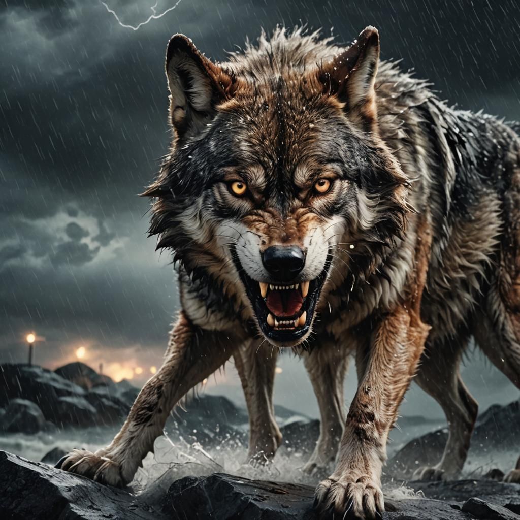 Angry Wolf Snarling in a Stormy Night