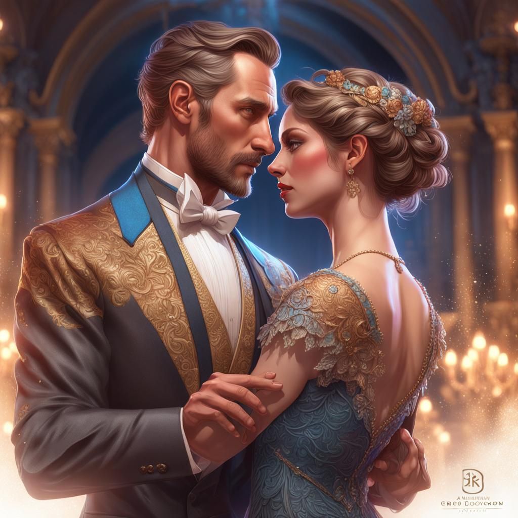 Elegant Ballroom Dancers Portrait in Art Nouveau Style