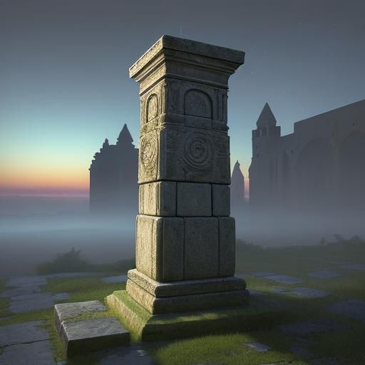 Surreal Laptop on Stone Pedestal in Dreamscape