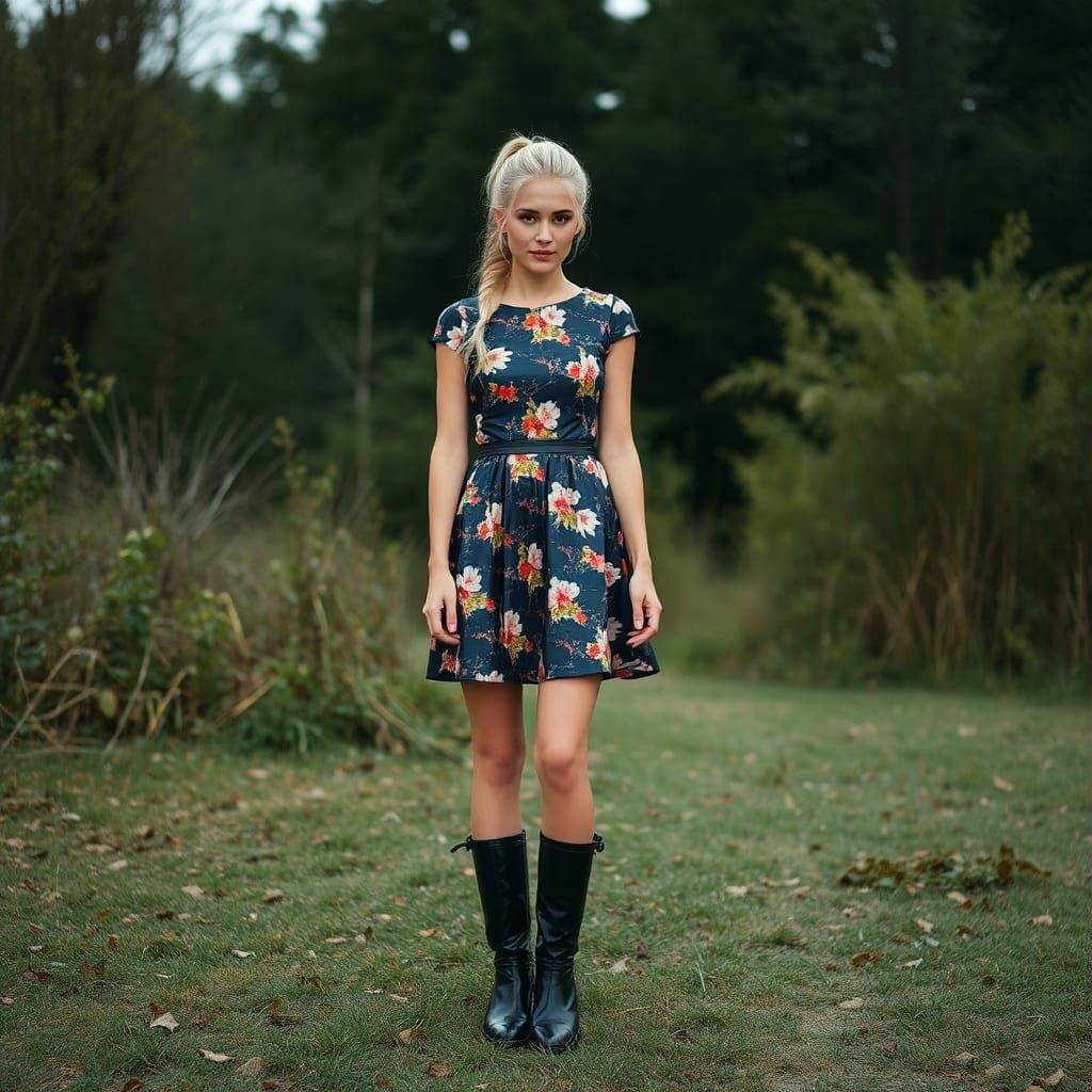 Woman in Floral Latex Dress Outdoors