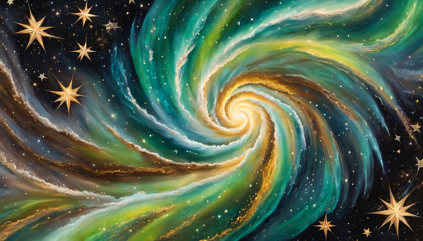 Iridescent Stars Swirling in Space: Gouache Painting