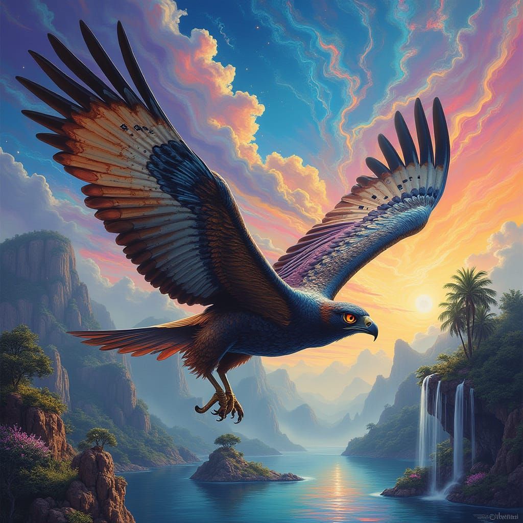 Hawk Soaring Through a Dreamlike Sky