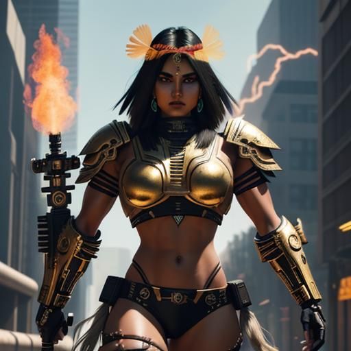 Aztec Warrior Woman with Flaming Sword in Cyberpunk Style