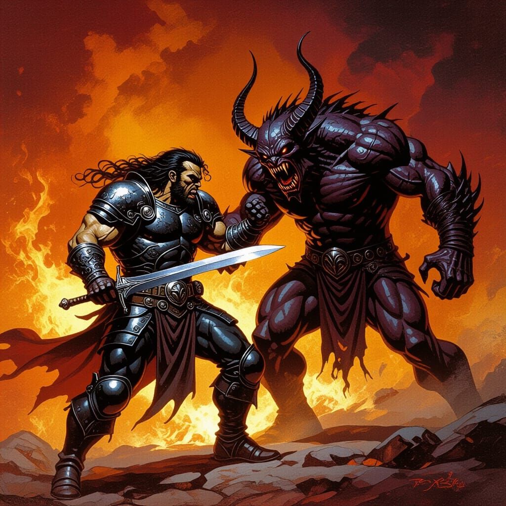 Armored Man Battles Demon in Apocalyptic Landscape