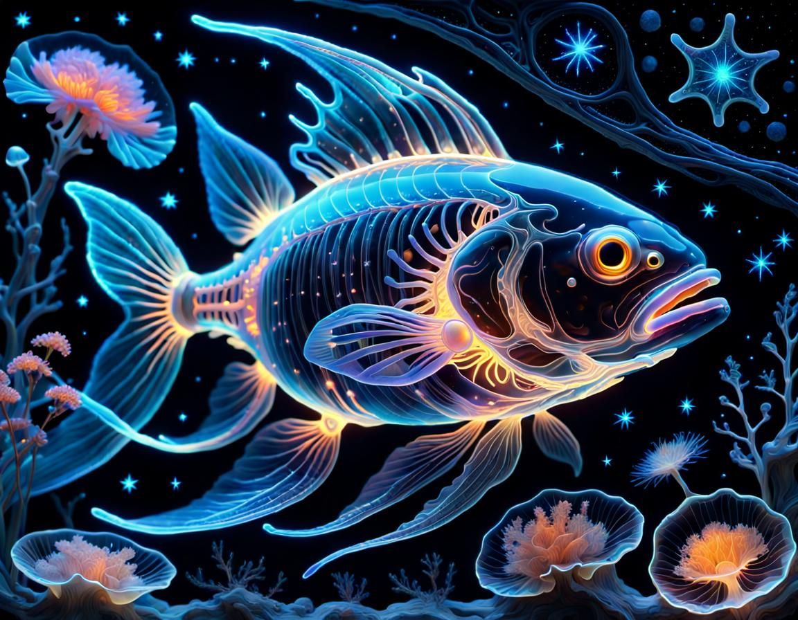 Bioluminescent Fish in Starry Night Sky