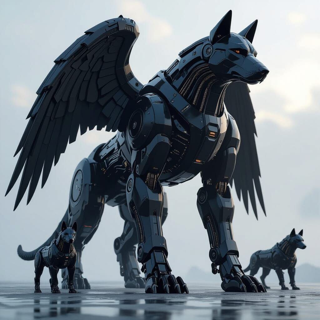 Colossal Angel Dogini in Futuristic Sci-Fi Landscape