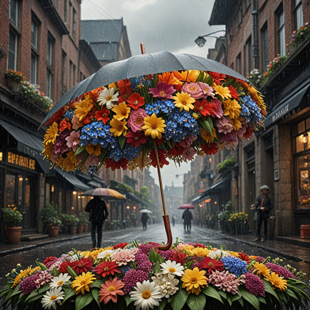 Epic Flower Umbrella in a Dramatic Digital Landscape