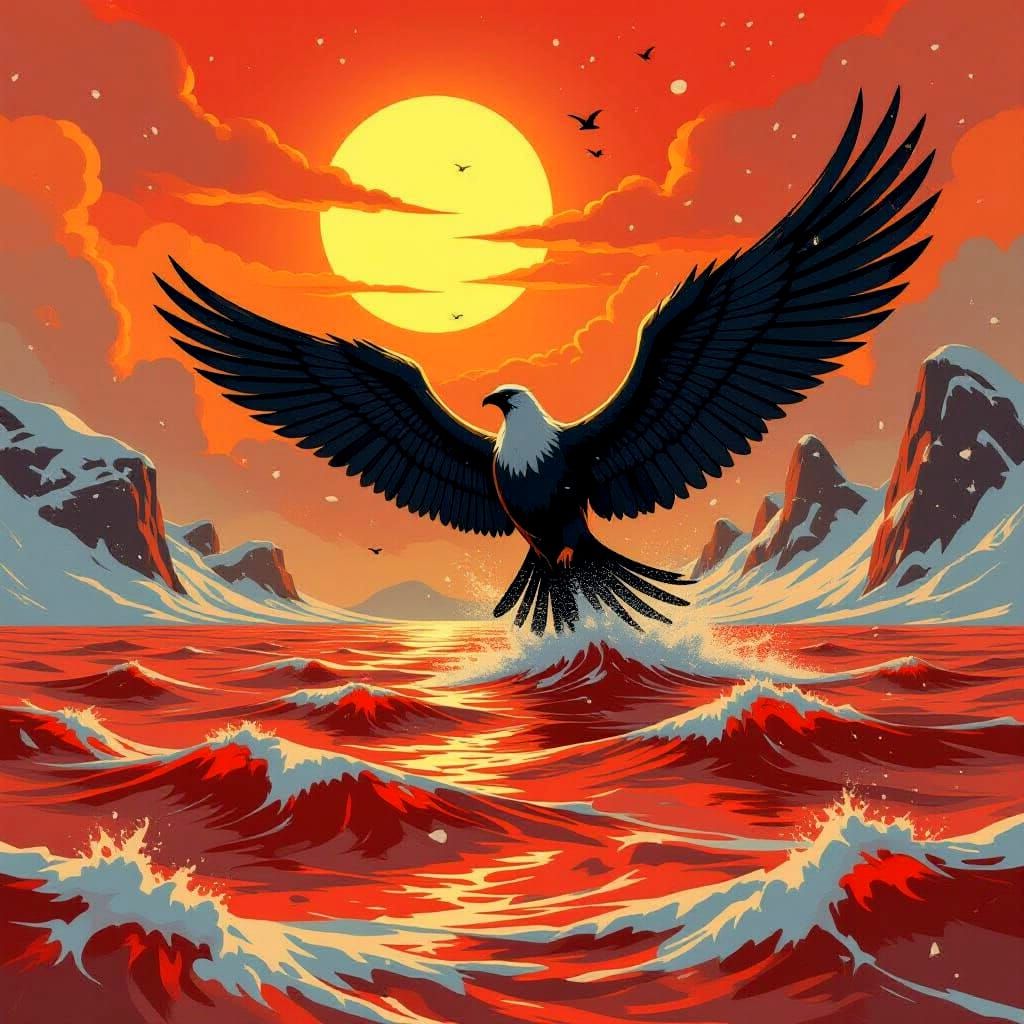 Flying City Above Red Sea with Snowfall, Graphic Style