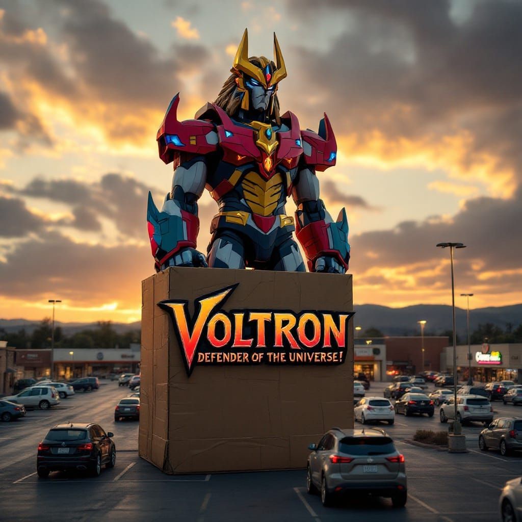Colossal Lion-Voltron in Cardboard Container, Cyberpunk-Styl...
