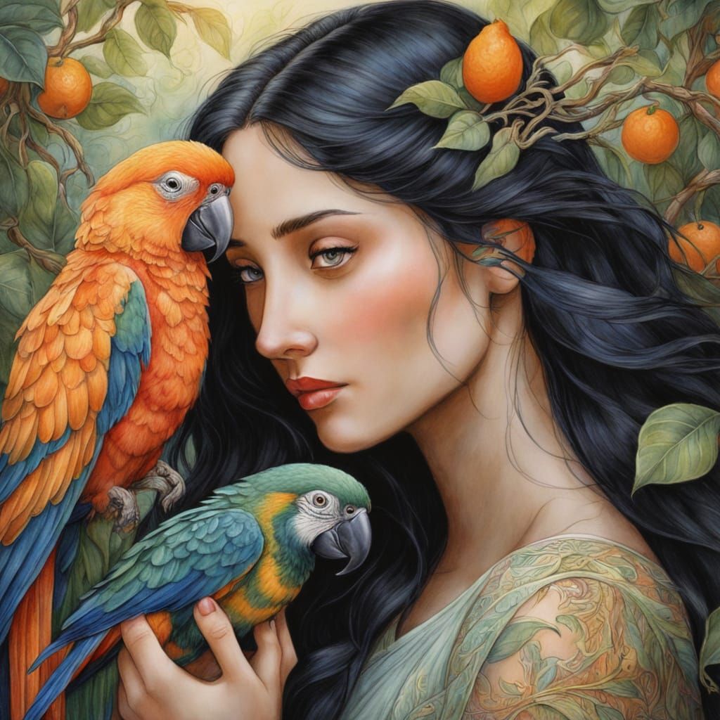 Woman Hugs Parrot in Whimsical Fantasy Art