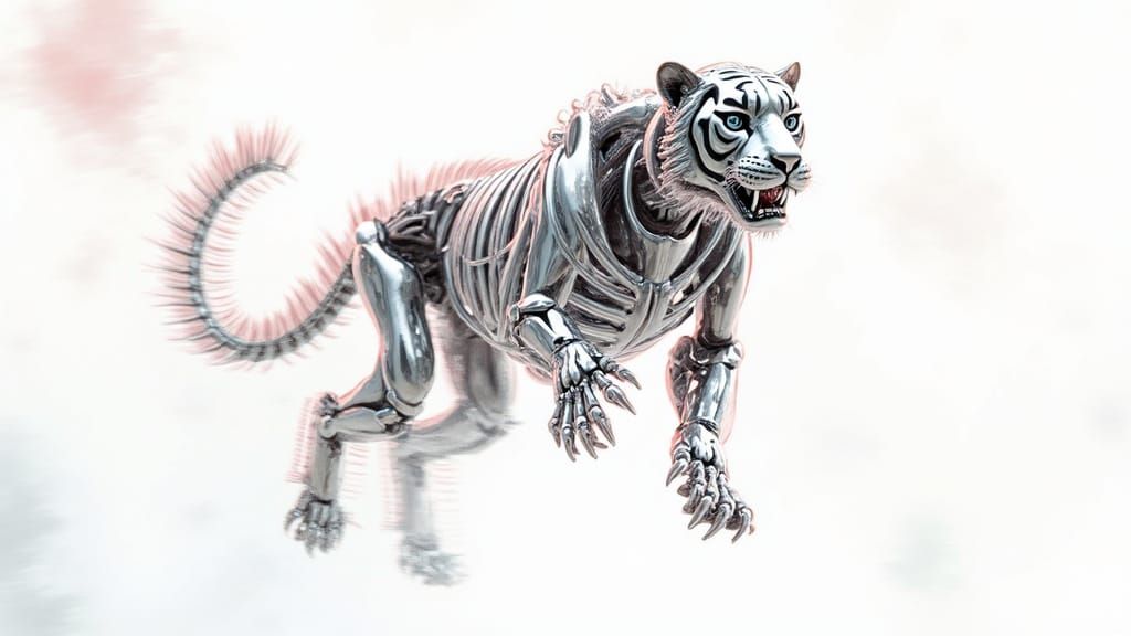 Futuristic Chrome Tiger Skeleton in Mid-Air