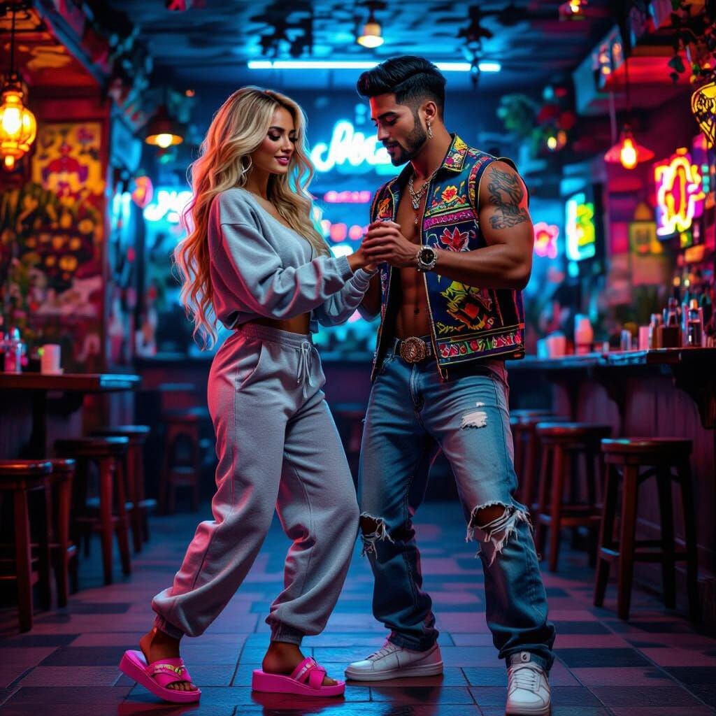 Cumbia Dance in Neon-Lit Mexican Bar, Surrealist Style