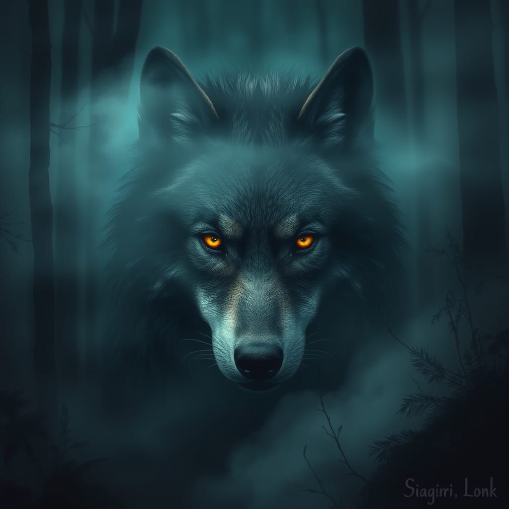 Mysterious Wolf in Dark Forest, Atmospheric Digital Art
