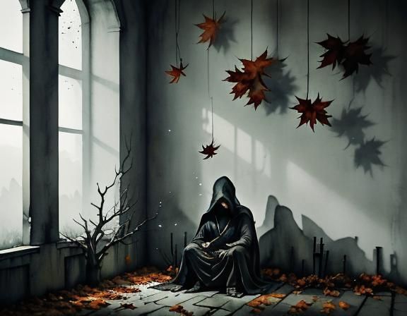 Melancholy Figure in Dark, Surreal Setting
