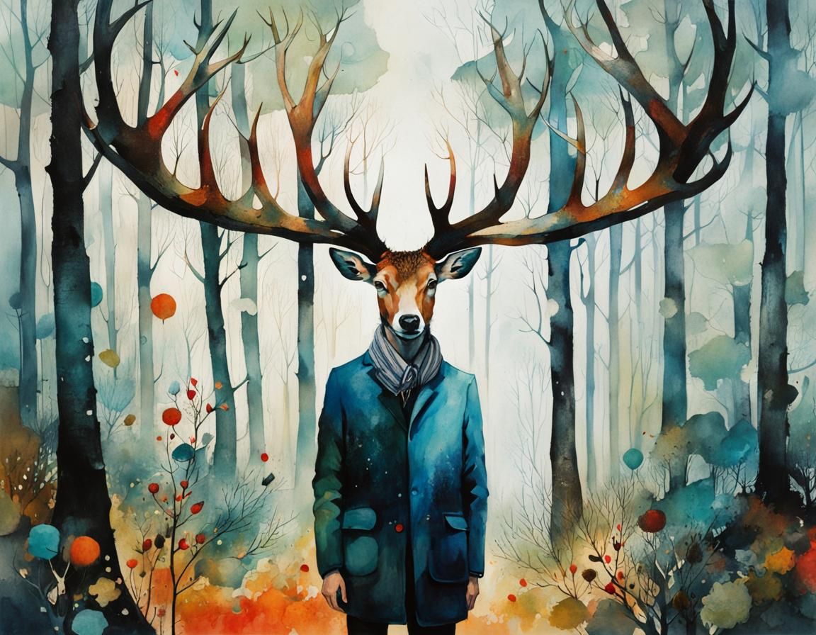 Antlered Figures in Whimsical Forest Illustration