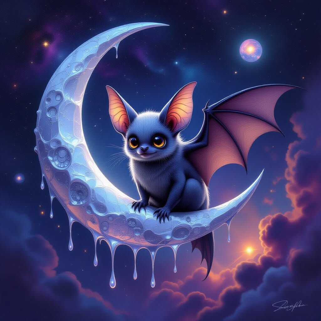 Melancholic Bat on Dripping Moon in Cosmic Nebula