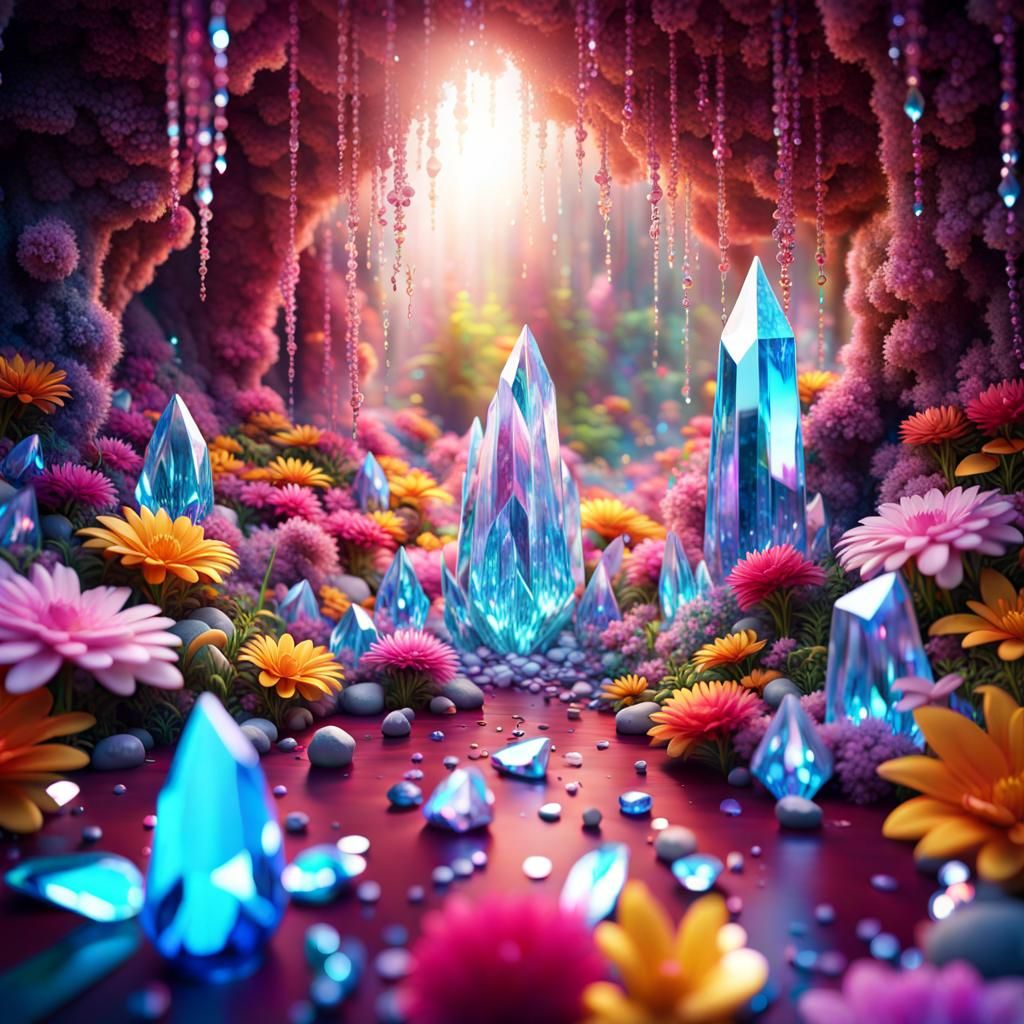 Enchanted Crystal Garden in Psychedelic Holographic Art