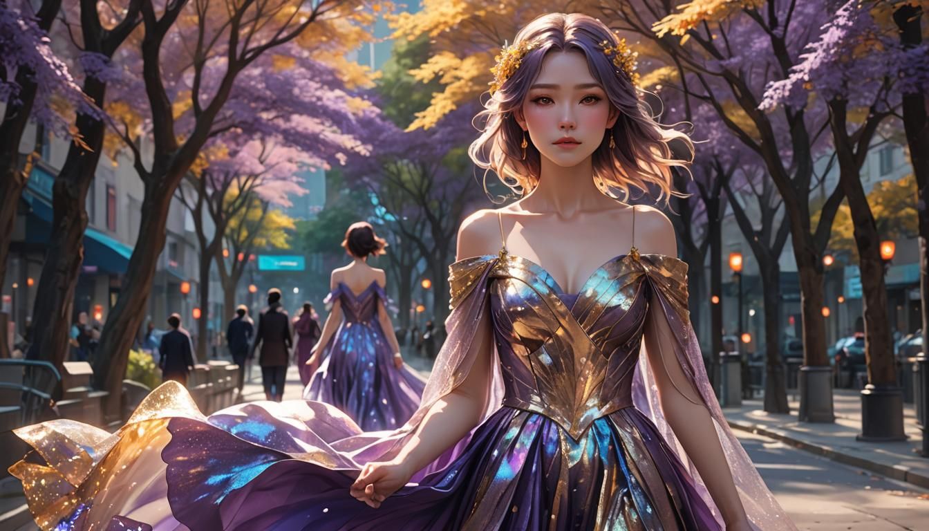 Ethereal Woman Walking Down Shimmering City Sidewalk