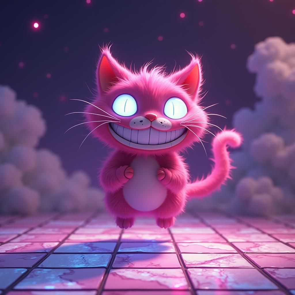 Whimsical Cheshire Cat Floating in Surreal Dreamscape