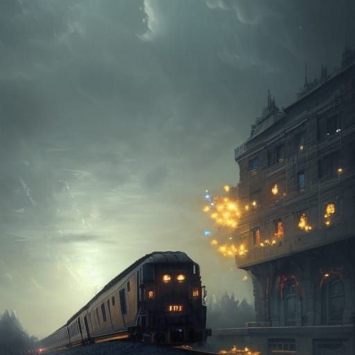 Fantasy Train with Flowers Under Dramatic Sky