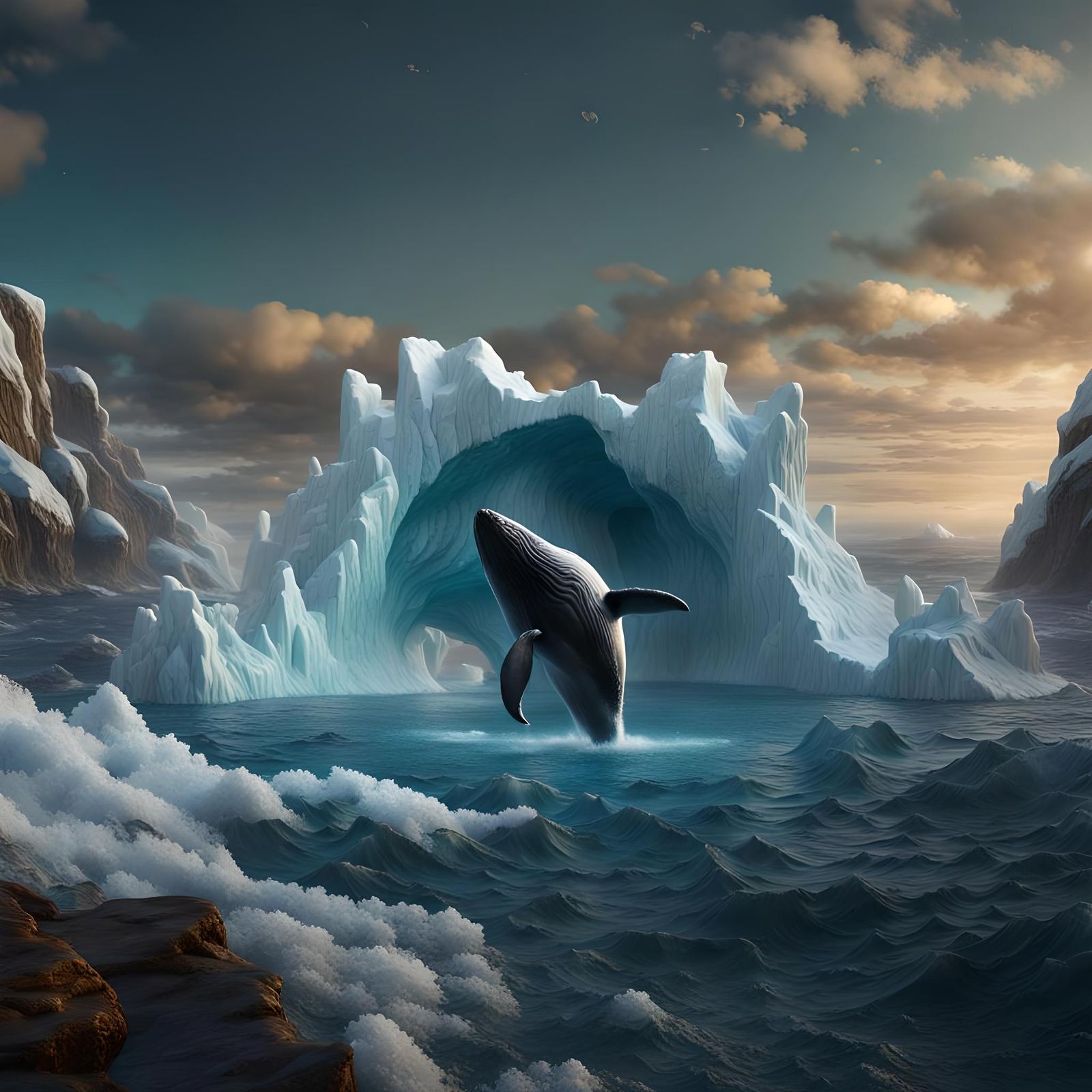 Whale Leaps from Icy Ocean Under Jupiter Sky