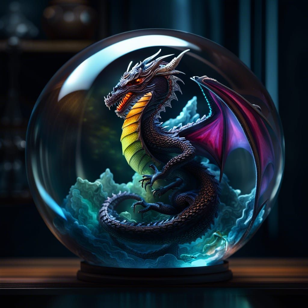 Majestic Dragon in Glass Sphere, Hyperrealistic Rendering