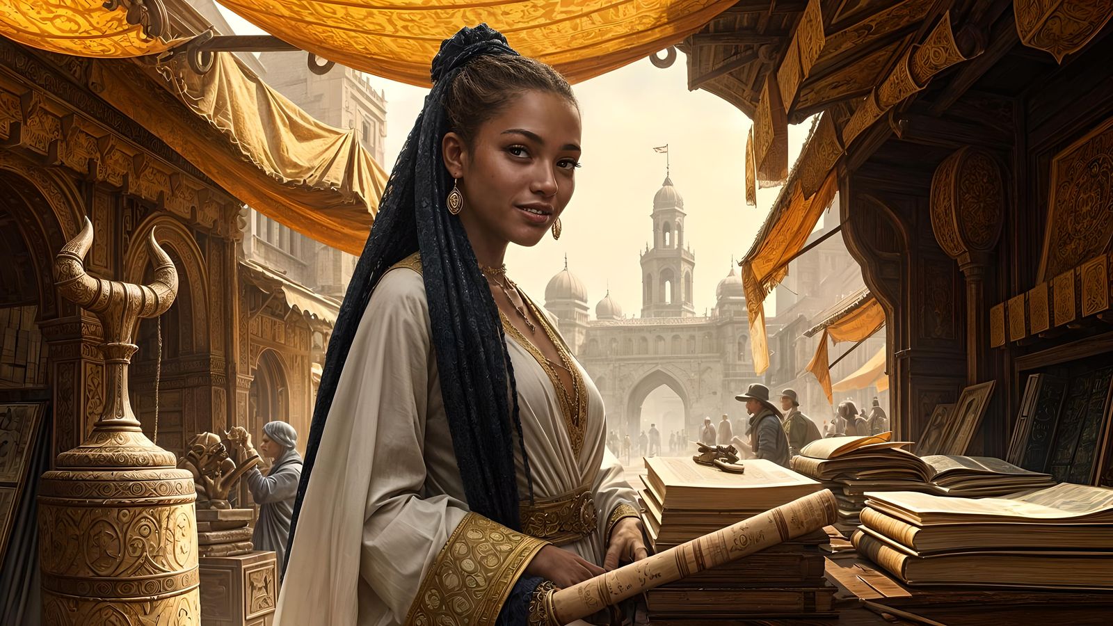 Fantasy City Bookseller with Braided Hair