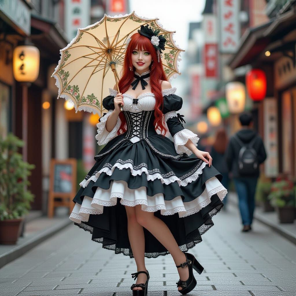Japanese Woman in Gothic Dress in Harajuku, Art Nouveau Styl...