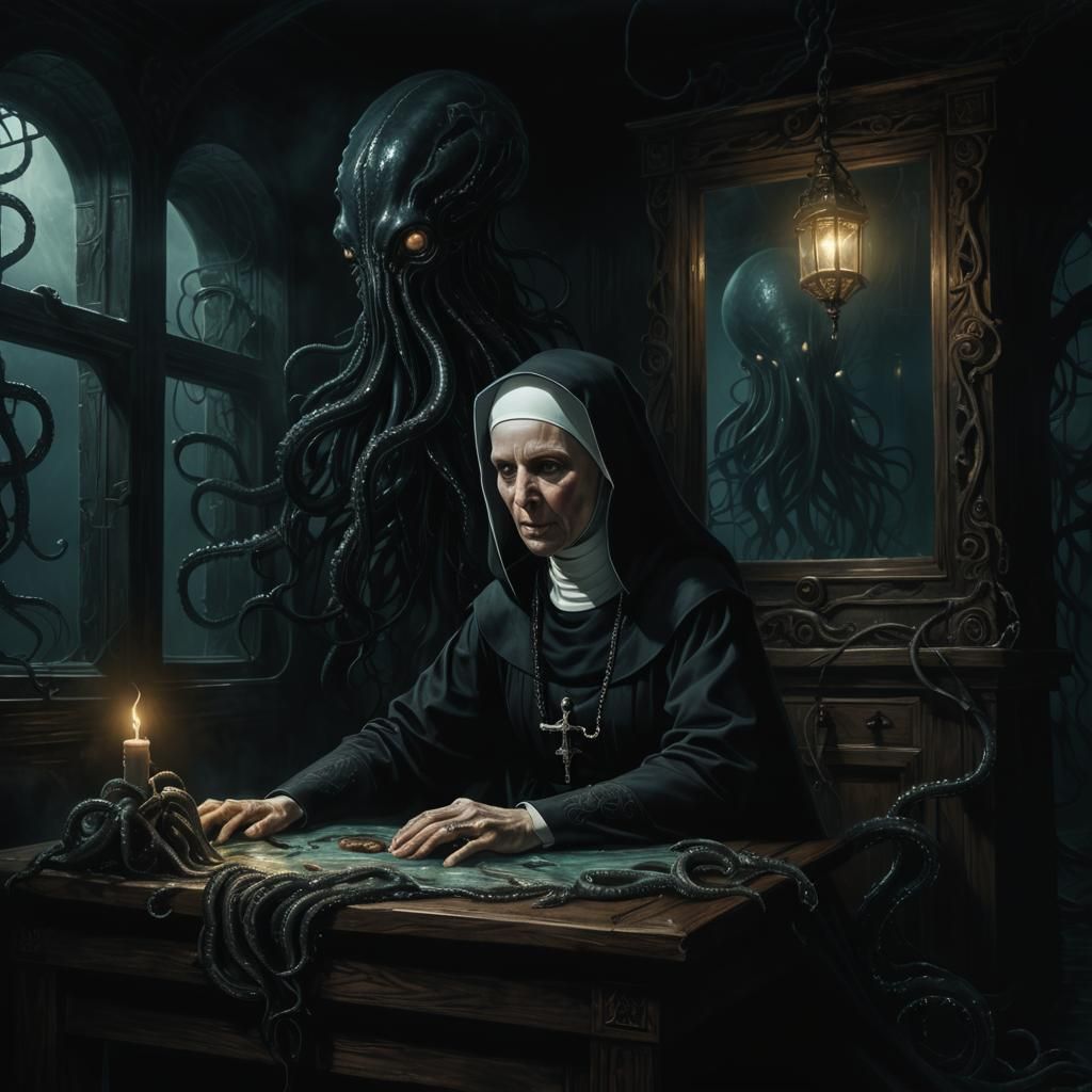 Eldritch Horror Devours a Nun in Dark Surrealism
