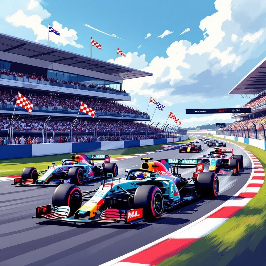 Formula One Race with Greyhound Spectators in Neon Style