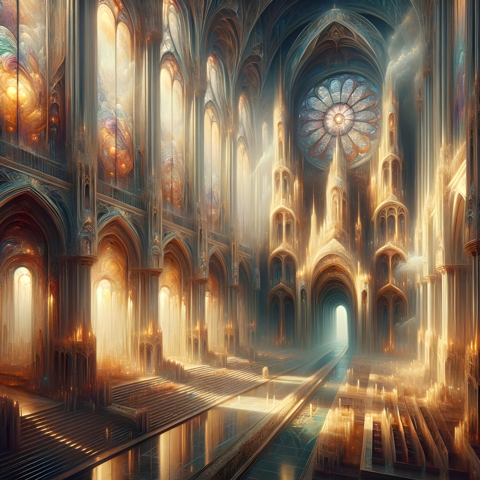 Surreal Cathedral of Memories Unfolds in Warm, Ethereal Ligh...